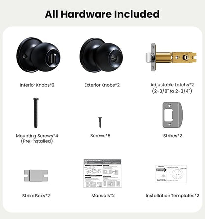 Veise 2 Pack Privacy Interior Door Knobs for Bed & Bathroom, Matte Black | ANSI Grade 3, Keyless, Easy Installation, Thumb Lock Emergency Release, Rust & Fingerprint-proof, Reversible,Classic