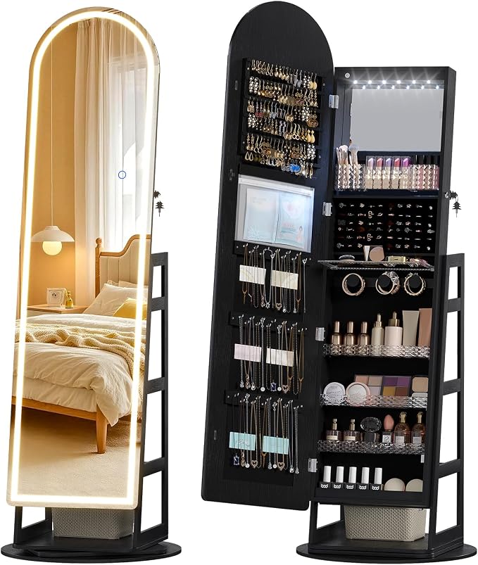 LVSOMT LED Arched Mirror Jewelry Cabinet Standing, Lockable Jewelry Armoire | 360° Swivel Full-Length Mirror with Storage, Large Jewelry Organizer Mirror, Foldable Makeup Shelf, Gift for Women, BlackWood