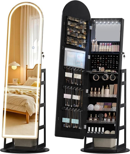 LVSOMT LED Arched Mirror Jewelry Cabinet Standing, Lockable Jewelry Armoire | 360° Swivel Full-Length Mirror with Storage, Large Jewelry Organizer Mirror, Foldable Makeup Shelf, Gift for Women, BlackWood