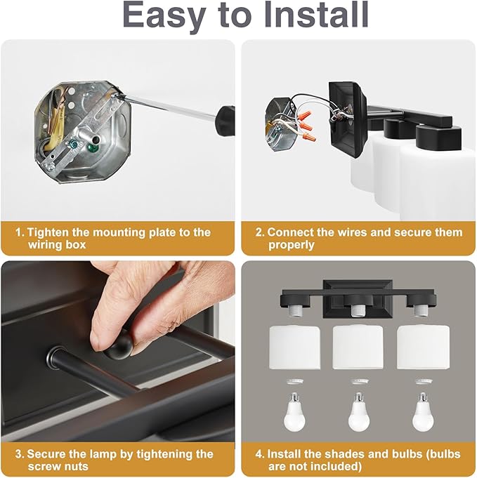 3-Light Bathroom Light Fixtures - Black Bathroom Vanity Lights with Frosted Glass Shade Modern Bathroom Lighting Fixtures Over Mirror - Wall Sconce Lamps for Bedroom,Living Room,Hallway