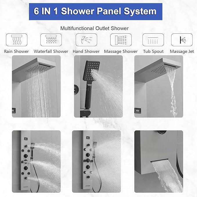 Shower Panel Rain Massage System with Adjustable Body Jets Mist Spray 6 in 1 Functions, Wall-Mount Shower Column Bathroom Shower Panel Tower System, Brushed Nickel and Black