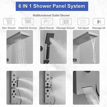 Shower Panel Rain Massage System with Adjustable Body Jets Mist Spray 6 in 1 Functions, Wall-Mount Shower Column Bathroom Shower Panel Tower System, Brushed Nickel and Black
