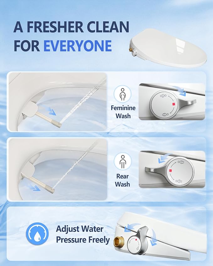 Jamini Non-Electric Bidet Toilet Seat for Elongated Toilets, Dual Nozzle Front & Rear Wash, Adjustable Water Pressure, Soft Close Seat & Lid, Self-Cleaning Nozzles, Quick Release, Brass Inlet