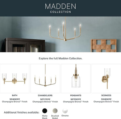 Kichler Madden 4-Light Bathroom Vanity Light, Champagne Bronze | Modern vanity light with clear glass for single or double bathroom mirrors (34" x 10.5"), 55186CPZ