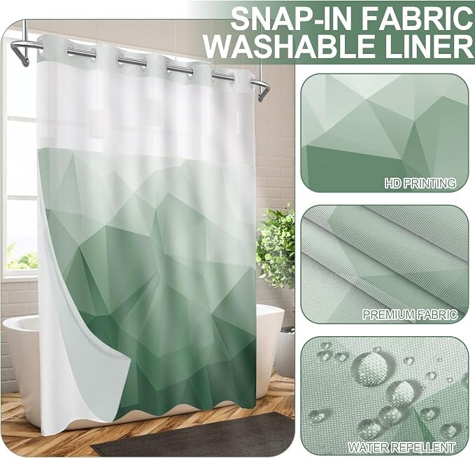 No Hook Shower Curtain with Snap in Liner Set, Green, 71x74 | Waterproof Fabric for Bathroom, Modern Hotel Style Ombre Design, Mesh Top Window, Machine Washable, Quick Install