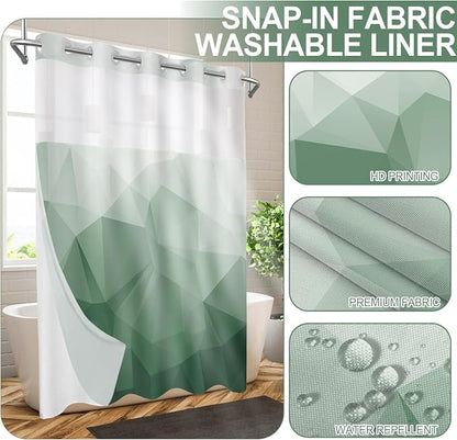 No Hook Shower Curtain with Snap in Liner Set, Green, 71x74 | Waterproof Fabric for Bathroom, Modern Hotel Style Ombre Design, Mesh Top Window, Machine Washable, Quick Install