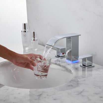 LED Bathroom Faucet 3 Hole, Chrome Waterfall Bathroom Faucets, 8 Inch Widespread Modern Bathroom Sink Faucet & Parts, Wide Spread Touch On Three Hole 2 Handle 3 Piece Bathroom Vanity Faucet