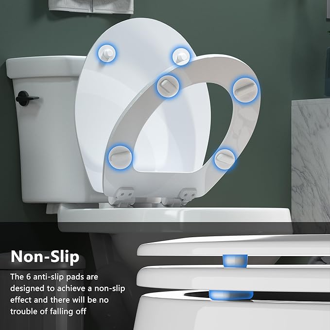 Round Toilet Seat Angol Shiold Quiet-Close Molded Wood Toilet Seat with Non-Slip Adjustable Hinges, Anti-Pinch Bumpers, Easy Install & Clean（White, Round 16.5''）