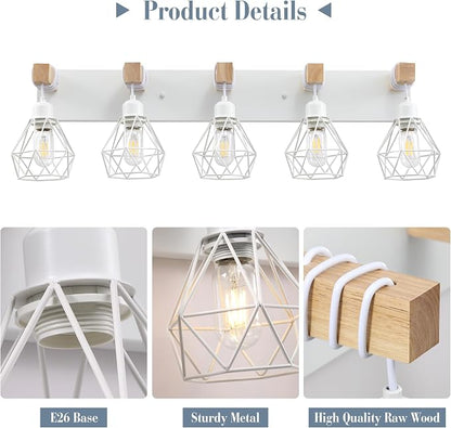 VbiTmn Bathroom Light Fixtures,5 Light White Farmhouse Wood Vanity Lights | Rustic Design, Diamond Metal Shades, Easy to Install, Wall Sconces for Bathroom, Bedroom, Makeup Area, Over Vanity Mirror
