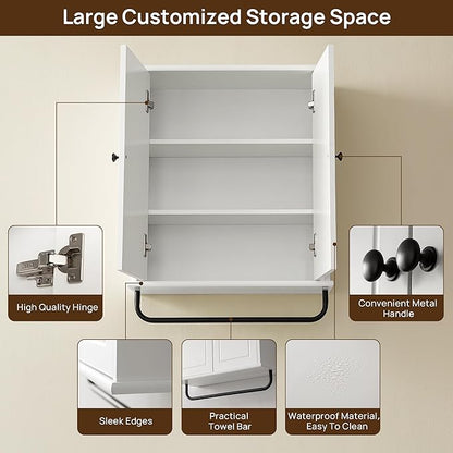 Bathroom Storage Cabinet with Adjustable Wood Shelves, Unique Arched Groove Design On The Door, Wall Mounted with Towels Bar, Over The Toilet Storage Cabinet with DTC Silent Buffering Hinge