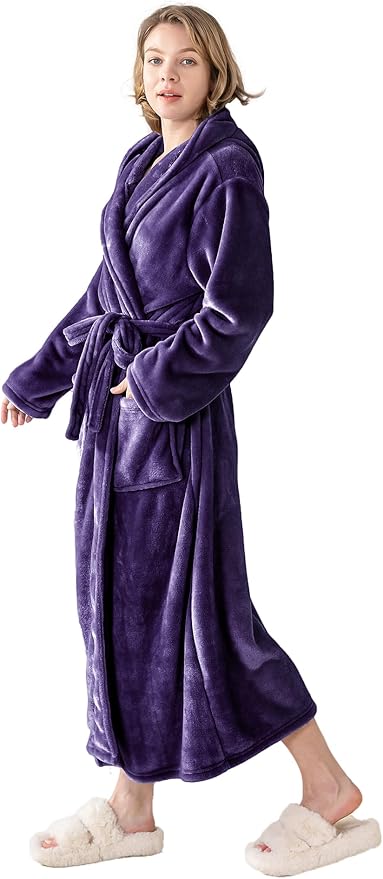 Robes for Women - Hooded Plush Fleece Bathrobe with Sash & Pockets, Full-Length Lightweight Spa Robe