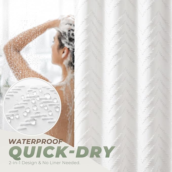 Off White Boho Fabric Shower Curtain 72 x 72 Inches, Modern Shabby Chic Textured Tufted Chevron Striped Minimalist Cloth Bathroom Shower Curtain