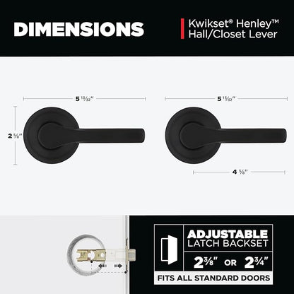 Kwikset Henley Interior Passage Door Handle, Lever For Closet and Hallway Doors, Reversible Non-Locking Handle Lever, Matte Black, with Microban Protection