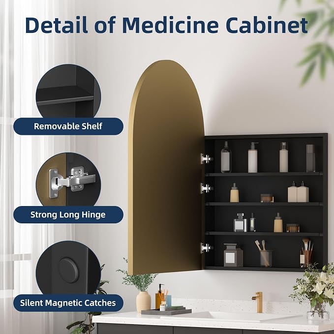 Medicine Cabinets for Bathroom, Gold Arched Medicine Cabinet Recessed or Surface Wall-Mounted,Modern Bathroom Vanity Mirror with Storage, Mirrored Cabinet with Adjustable Shelves,24x36 Inch