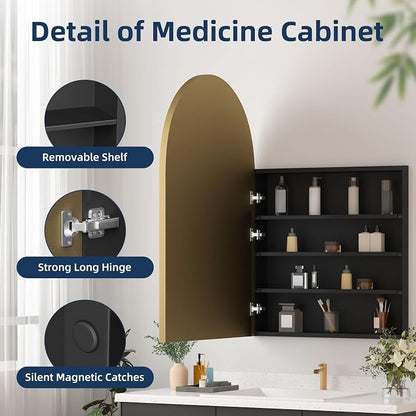 Medicine Cabinets for Bathroom, Gold Arched Medicine Cabinet Recessed or Surface Wall-Mounted,Modern Bathroom Vanity Mirror with Storage, Mirrored Cabinet with Adjustable Shelves,24x36 Inch