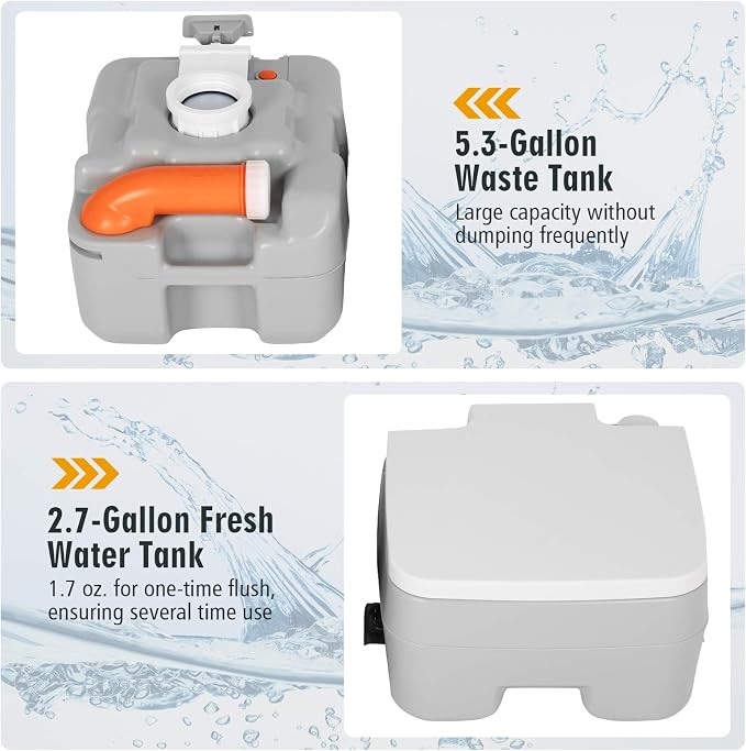 S AFSTAR 5.3 Gallon Portable Toilet for Camping, RV Camping Toilet with Level Indicator, 3-Piston Pump Flush, Fresh Water & Waste Split Tank, Outdoor Porta Potty for Travel Trips Hiking Boating