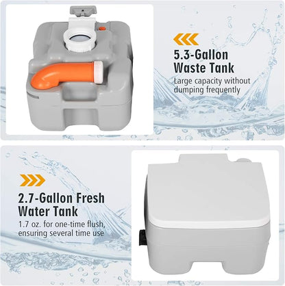 S AFSTAR 5.3 Gallon Portable Toilet for Camping, RV Camping Toilet with Level Indicator, 3-Piston Pump Flush, Fresh Water & Waste Split Tank, Outdoor Porta Potty for Travel Trips Hiking Boating