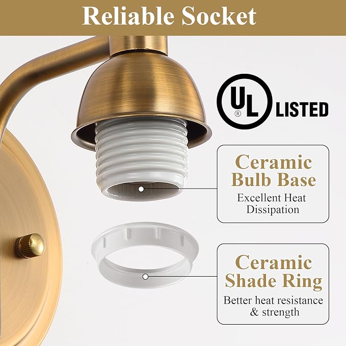 Mecgirn Brass Milk Glass Wall Sconces, 1 Pack Hardwired Indoor Wall Light Fixtures for Living Room, Hallway, Bedroom, Ceramic E26 Sockets (Bulbs Not Included)
