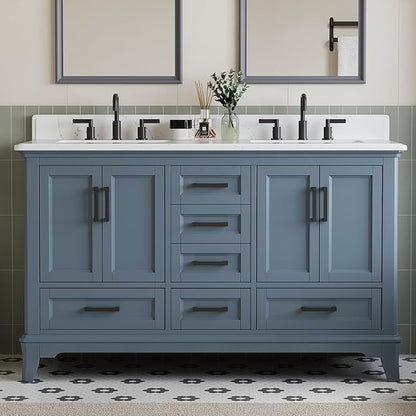 60 Inch Bathroom Vanity Double Sink, Fully Assembled Solid Wood Frame Double Sink Bathroom Vanity with Soft Closing Doors & Full Extension Dovetail Drawers, Quartz Top, Steel Blue