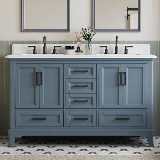 60 Inch Bathroom Vanity Double Sink, Fully Assembled Solid Wood Frame Double Sink Bathroom Vanity with Soft Closing Doors & Full Extension Dovetail Drawers, Quartz Top, Steel Blue