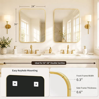 2-Pack 24x30 Inch Brushed Gold Rounded Rectangle Vanity Mirrors | Double Vanity or Two Bathrooms, Pair or Separate Use, Aluminum Frame, Slim Front Profile, Two-Way Mount