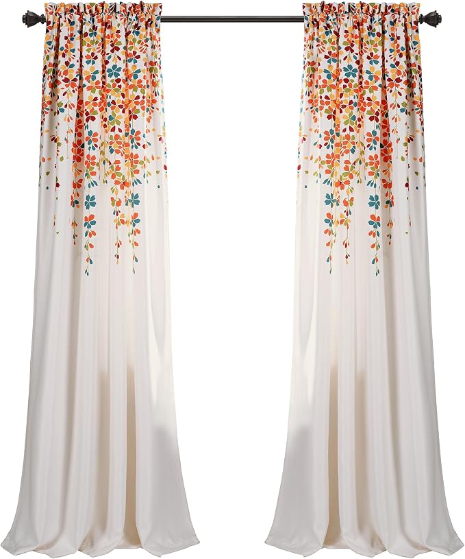 Lush Decor Weeping Flower Light Filtering Window Curtain Panels, Pair, 52"W x 95"L + 2" Header, Turquoise & Tangerine - Charming Modern Floral Curtains for Living Room, Dining Room, & Bedroom