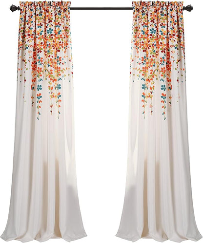 Lush Decor Weeping Flower Light Filtering Window Curtain Panels, Pair, 52"W x 95"L + 2" Header, Turquoise & Tangerine - Charming Modern Floral Curtains for Living Room, Dining Room, & Bedroom