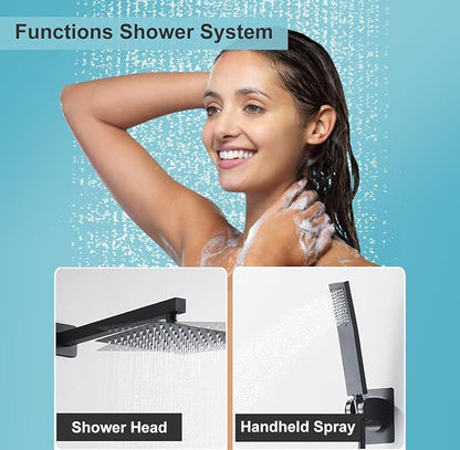 10 Inch Shower Faucet Set, Wall-Mounted Rainfall Shower System with High Pressure Handheld Shower Head, Bathroom Mixer Shower Set Wall Mounted Rough-in Valve and Trim Kit, Matte Black