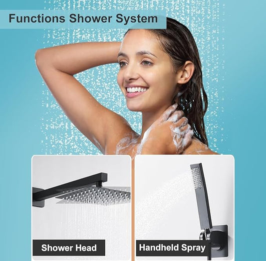 10 Inch Shower Faucet Set, Wall-Mounted Rainfall Shower System with High Pressure Handheld Shower Head, Bathroom Mixer Shower Set Wall Mounted Rough-in Valve and Trim Kit, Matte Black