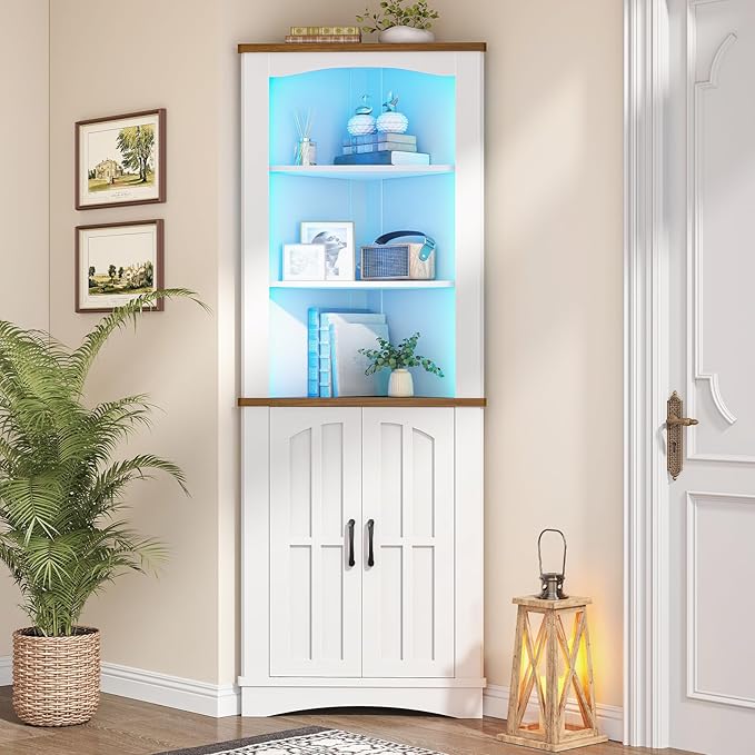 HOOBRO Corner Cabinet with LED Lights, 67" Tall Farmhouse Corner Storage Cabinet with Doors and Storage Shelves, 5-Tier Corner Bathroom Cabinet, for Living Room, Kitchen, White and Walnut WH74DCJ01