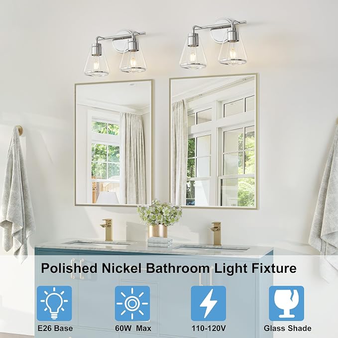 Bathroom Light Fixtures Over Mirror Polished Nickel Vanity Light 2-Lights | Bathroom Vanity Lights with Clear Glass Shade, 14 inch Vanity Lighting Fixtures, Modern Wall Sconces Bath Light