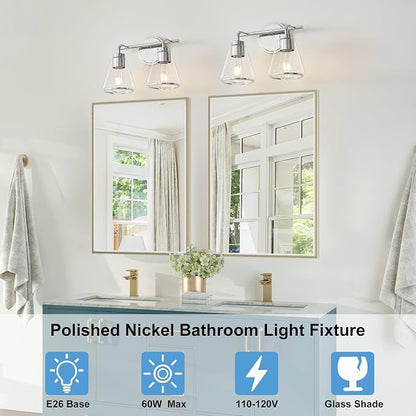 Bathroom Light Fixtures Over Mirror Polished Nickel Vanity Light 2-Lights | Bathroom Vanity Lights with Clear Glass Shade, 14 inch Vanity Lighting Fixtures, Modern Wall Sconces Bath Light