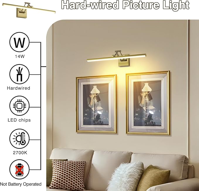 Joossnwell Hard-Wired Picture Light for Wall Brass Art Lighting Dimmable Gallery Light 23.39 inch Picture Frame Light with Adjustable Swing Arm for Painting Library Display Artwork Museum Warm White