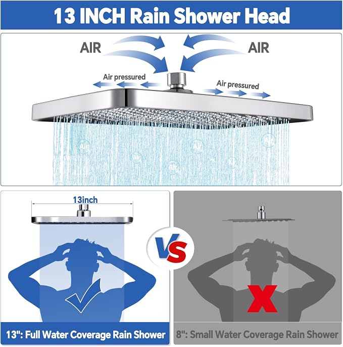 13" Rainfall Shower Head with Handheld Spray Combo, Push-Button Diverter | 3-Mode Handheld Shower, Height-Adjustable Extension Arm, Easy Install in 15 Min (Chrome)