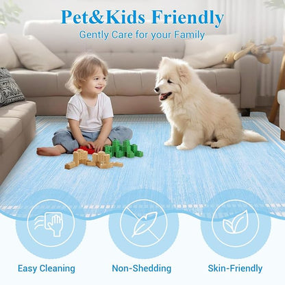 Garvee Washable Rug 8x10 Blue Girls Rugs for Bedroom Soft Rugs | Non Slip Low Pile Solid Neutral Soft Carpet, Modern Scalloped Pattern, Faux Wool Floor Mats for Dining Room Home Office