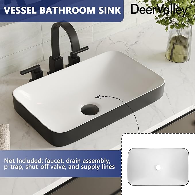 DeerValley Vessel Sink Rectangle, Black & White Semi Recessed Bathroom Sinks, 18.9"x11.61" Modern Rectangular Top Counter Bathroom Sink Porcelain Ceramic Lavatory Sink Bowl Art Basin DV-1V0233