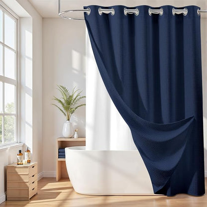 River Dream Cotton Blend No Hook Shower Curtain with Liner, Navy, 71x86 | Extra Long, with Snap in Liner, Heavyweight Waffle Fabric, Hotel Grade for Bathroom, Water Repellent, Corner Magnets