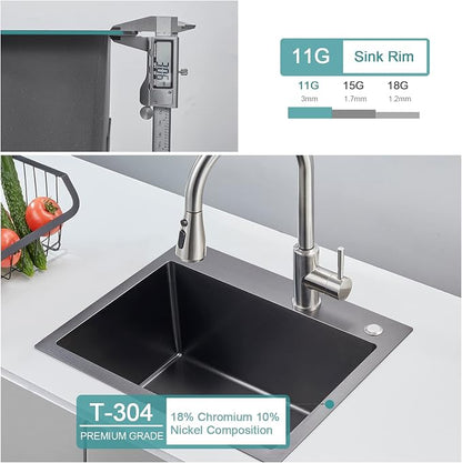 Black Topmount Kitchen Sink - 22”×18” Single Bowl Sink | 9 Inch Deep Handmade Bar Sink with Strainer, Stainless Steel 304, Center Drain, X-Groove Drainage, Sound-Dampening Pad