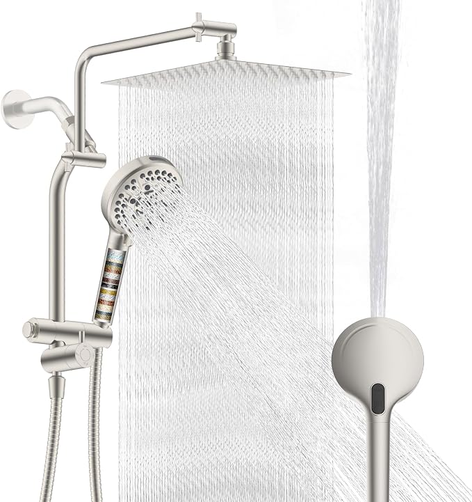 Metal 12" Rain Showerhead with 10-Spray Handheld, Easy Reach 4-way Diverter | Brushed Nickel Finish, Upgraded High Pressure Shower Head with Pause Mode, 71" Stainless Steel Hose/12" Extension Arm