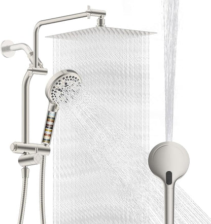 Metal 12" Rain Showerhead with 10-Spray Handheld, Easy Reach 4-way Diverter | Brushed Nickel Finish, Upgraded High Pressure Shower Head with Pause Mode, 71" Stainless Steel Hose/12" Extension Arm