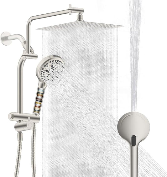 Metal 12" Rain Showerhead with 10-Spray Handheld, Easy Reach 4-way Diverter | Brushed Nickel Finish, Upgraded High Pressure Shower Head with Pause Mode, 71" Stainless Steel Hose/12" Extension Arm