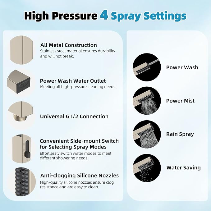 Hibbent 10'' Rainfall Showerhead with 4-mode Handheld Spray, Brushed Nickel | cUPC Certified High Pressure Showerhead Combo, 12'' Adjustable Extension Arm, Extension Bar, Easy Reach Holder, 71'' Hose