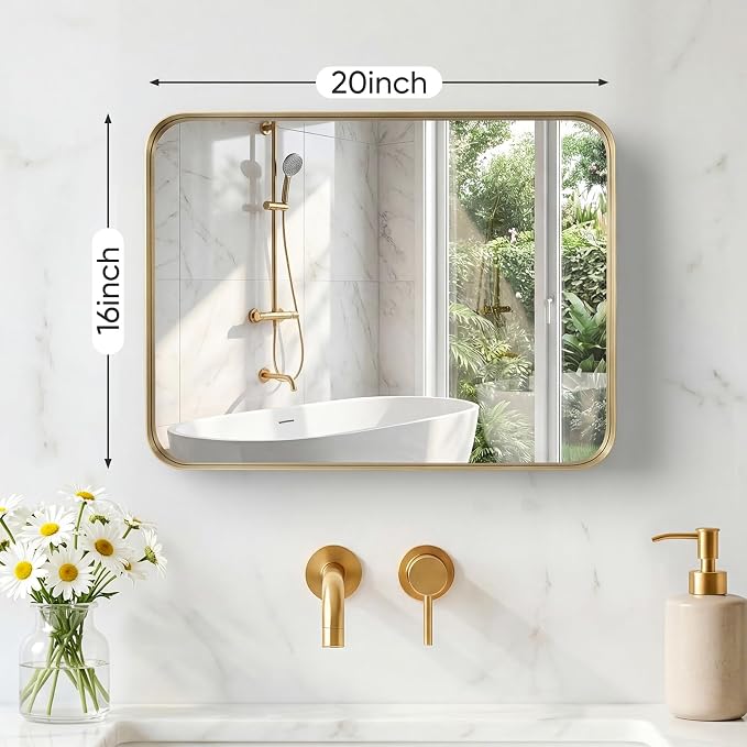 Sweetcrispy Bathroom Mirror 20x16 Inch, Vanity Mirror for Wall | Metal Framed Rounded Rectangle, Over Sink, Farmhouse, Restroom, Anti-Rust, Horizontal or Vertical Hanging, Gold