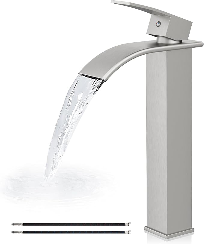 Airuida Vessel Sink Faucet,Brushed Nickel Tall Waterfall Bathroom Faucet | Single Handle,Tall Bathroom Faucet 1 Hole,Vanity Faucet,without Drain,Bowl Bathroom Faucet