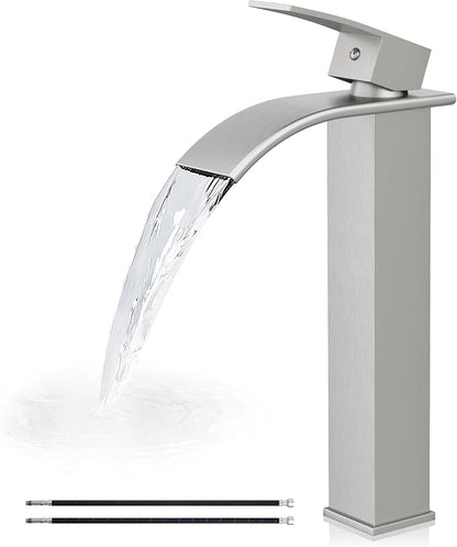Airuida Vessel Sink Faucet,Brushed Nickel Tall Waterfall Bathroom Faucet | Single Handle,Tall Bathroom Faucet 1 Hole,Vanity Faucet,without Drain,Bowl Bathroom Faucet