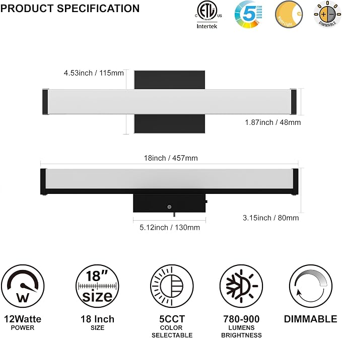 18 Inch Bathroom Vanity Light Fixtures with Night Light: Long Square Wall Mounted LED Lighting Bar Over Mirror with 5CCT & 2200K Color Changing, 120V, 780-900lm, ETL, Matte Black, 1 Pack