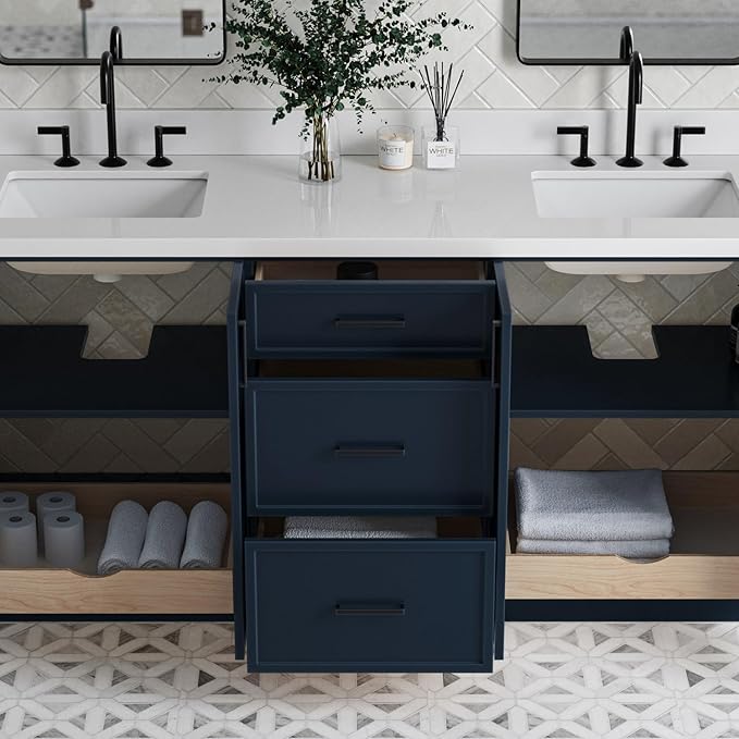 ARIEL Kelly 72-inch Bathroom Vanity with Sink,Solid Wood, 1.5-inch Pure White Quartz Countertop, Double Rectangular Porcelain Sink, 4 Soft Closing Doors, 5 Dovetail Drawers, Midnight Blue