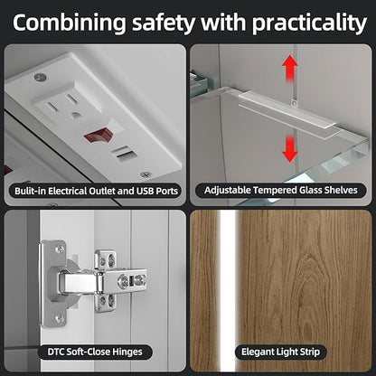 Medicine Cabinet with LED Lights and Mirror, 54 x 32 Inch Surface or Recessed Mounted Bathroom Cabinets with Door, Defogger, Memory Function, 3-Color Mode, Outlet&USB, Dimmer, Storage Shelf
