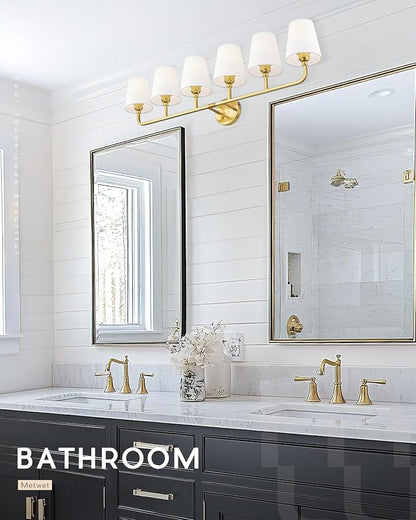 6-Light Brushed Gold Bathroom Vanity Light, White Fabric Shades | Ideal for 48-64" mirrors, 42" bathroom light fixtures over mirror, upward only, E26 base, bulbs not included, VL837-BG-6