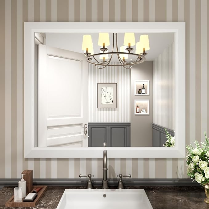 Bathroom Mirror for Wall, 40x36 Inch (White) | HD Reflection, Tempered Glass, Thick Metal Framed Rectangle Mirrors for Over Sink, Vanity, Bedroom, Living Room, Entryway